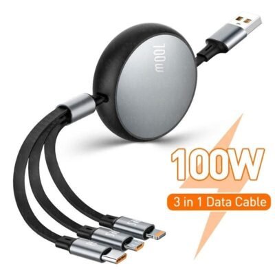 3-in-1 Retractable Fast Charger – USB C Cable with Multi Connectors for iPhone, Samsung & Huawei